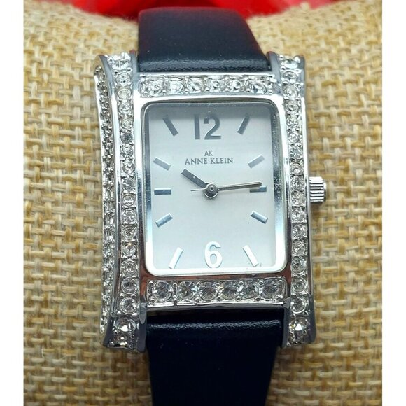 Ladies Anne Klein Watch Black Calf Leather Band Crystal Covered Silver Tone Face - Picture 2 of 9
